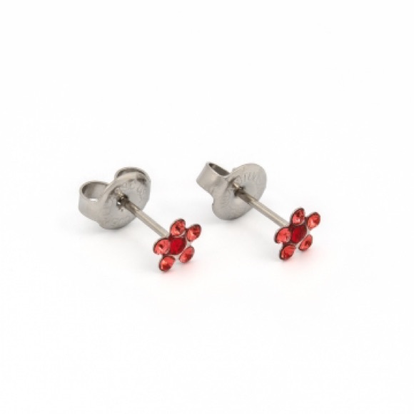 Studex Stainless Steel Daisy Padparadscha and JUL Ruby Ear Piercing Earrings - Picture 1 of 7